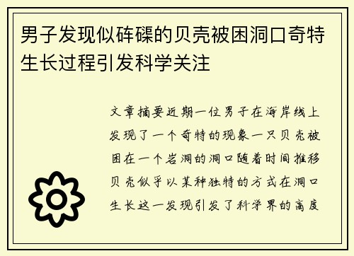 男子发现似砗磲的贝壳被困洞口奇特生长过程引发科学关注